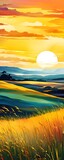 Fototapeta Las - abstract painting of grasslands under a blazing sunset waves of greens