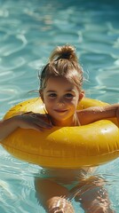 Wall Mural - swimming pool with little girl in a pool ring in summer
