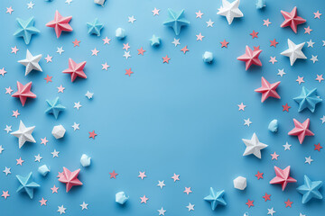 United States flag color decorations and stars on blue background. Banner mockup for USA President's Day, Independence Day. Generative AI