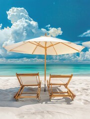 Wall Mural - Beach chairs and umbrella on a white sandy beach.