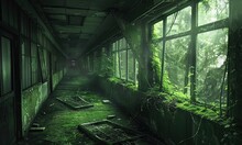 An Abandoned Building Corridor Overgrown With Moss And Vines