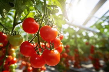 Wall Mural - Fresh organic ripe tomatoes branch growing in greenhouse