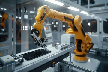 Fototapete - Robotic arm for electronic assembly line. Smart modern factory automation using advanced machines.