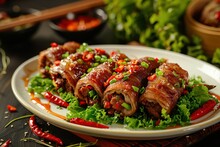 Chinese Food, Wrapped Meat Rolls On A White Plate With Green Lettuce And Red Chili Peppers, Against A Dark Background,