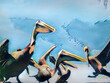 Stylized photo art of active Pelican group against blue sky
