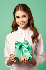 Pretty cute positive girl receive gift celebrate birthday party isolated on green color background