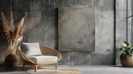 minimalist interior background with armchair and rustic decoration generative ai