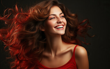 Wall Mural - Beautiful smiling woman with long wavy hair .