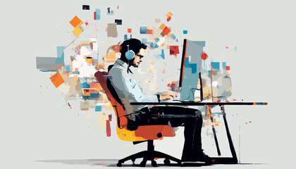 Ein Softwareentwickler sitzt an seinem Computer. Mit Kopfhörern ist er in die Arbeit vertieft. Vektor - Grafik