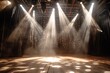 An empty stage with theatrical lights and fog creating a spectacular atmosphere for a dramatic effect