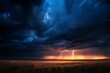 A powerful image capturing a thunderstorm with lightning strikes over serene grassy plains under a tumultuous sky