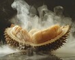 A durian cut open with steam rising suggesting its notorious smell in a visually dramatic way