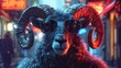 In the heart of a bustling urban landscape, a wild ram stands out amidst the chaos, sporting dark sunglasses that shield its eyes from the blinding neon lights.