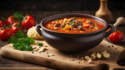 Wall Mural - New goulash soup on a wooden board