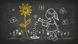 children on a sunny day watering plants, a chalk blackboard drawing generative ai