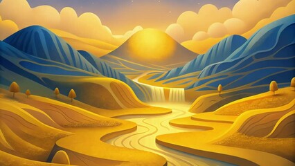 Poster - A dreamlike landscape where rivers of liquid gold flow freely ast rolling hills.