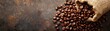 Spilled coffee beans from burlap sack showcase rich textures and colors with copy space