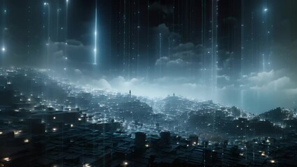 Sticker - Night cityscape with glowing buildings and blue lights. 3D rendering, A dense cloud of digital particles dispersing into a cyber etherspace, AI Generated