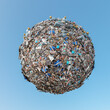 3D rendering of little planet completely covered by trash and debris over blue sky