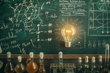 overhead shot of the idea bulb on a bench amidst scientific equipment, beakers, and complex formulas