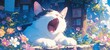 cute happy fat cat sleepily yawning in springtime with flower blossoming,  Ai Generated