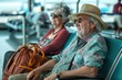 retired couple sitting at the airport waiting for their flight