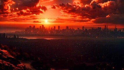 Poster - Witness the stunning beauty of a city skyline as the sun gracefully sets, merging natures splendor with man-made architecture, A glowing city skyline at sunset as seen from a hilltop, AI Generated