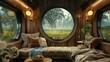 Train carriage with window, cozy sofa, pillows and blankets, wood paneling on the walls, small table with flower vases, misty green meadow behind large round glass windows.