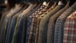 Close-up of a rack showing an array of stylish and fashionable men's jackets in a variety of colors and patterns, including tartan and patterned ties.