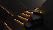 Black Background With Golden Light And Geometric Shapes In Modern Design Style. A Staircase Carved From Gold Is Positioned In The Center Of The Abstract Shape At Different Angles.