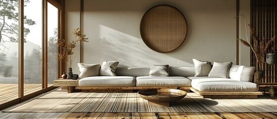 Wall Mural - Modern Asianstyle living room with a relaxing sofa wall table and classic decor. Concept Asian Design, Modern Living Room, Relaxing Sofa, Wall Table, Classic Decor