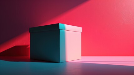 Wall Mural - A white box stands on a white surface with a red wall in the background. The box casts a shadow.