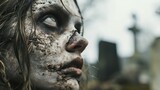Fototapeta  - A zombie girl with a white face and black dirty spots all over her body looks into the distance. There is a cemetery in the background.