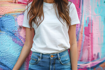 Wall Mural - Urban Chic: Casual White Tee and Denim. Woman in a plain white mock-up t-shirt and blue jeans against a colorful graffiti wall background, ideal for fashion branding.