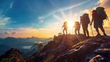 Fototapeta  - Portrait group people hikers on mountain top against sunset in blue sky at sunny day. AI generated