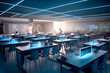 The interior of a modern school classroom. 3D rendering toned image double exposure