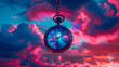 Colorful, dreamy skies behind a solitary pocket watch, evoking a sense of time's boundless journey