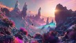 A surreal landscape on an alien planet, with towering rock formations and vibrant flora bathed in the light of a distant sun, creating a kaleidoscope of colors.