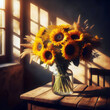A bouquet of sunflowers in a glass jar on an old wooden table. 
A shadow falls through the window and illuminates the room. The concept of nostalgia for old times.