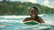 surfer lying on her surfboard and smiling happily while floating in the sea generative ai