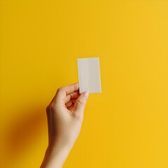 Human hand holds a blank white card against a vivid yellow background. Minimalist and modern design aesthetic. Ideal for copy space. AI