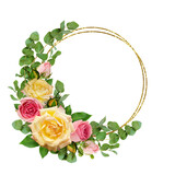 Fototapeta Panele - Pink and yellow rose flowers with eucalyptus leaves in a floral arrangement with round glitter frame isolated on white or transparent background.