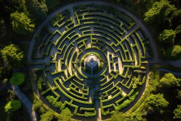 Canvas Print - Labyrinth garden, Aerial view a natural labyrinth in the garden. Photo from the drone, An aerial view of a labyrinth garden, AI generated