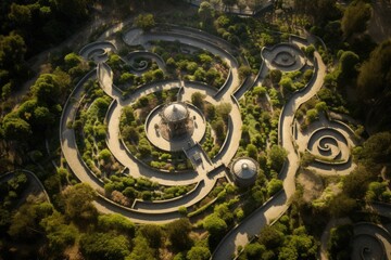 Wall Mural - Labyrinth garden, Aerial view a natural labyrinth in the garden. Photo from the drone, An aerial view of a labyrinth garden, AI generated