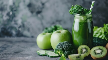 Canvas Print - Fresh green smoothie in a mason jar amidst vegetables. Healthy lifestyle, detox drink. Vibrant, nutritional beverage. Ideal for wellness blogs. AI.