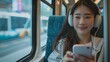 young female passenger listening to music via smartphone on a train generative ai