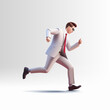 Business man running, hurrying in a white suit, 3D. Realistic image for business, success, goal, destination, work concepts. Vector