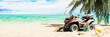 Beach buggy under the palm tree and beautiful sea view. 3D Rendering, 3D Illustration