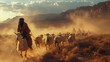 Nomadic tribespeople herding goats across the desert