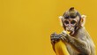 Monkey Eating Banana on Yellow Background